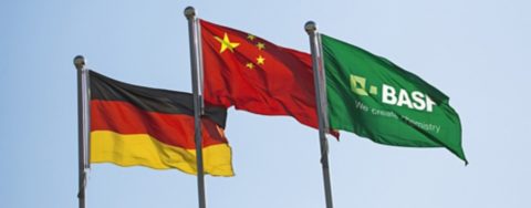 Flags at a BASF water treatment and paper chemicals plant, the first wholly-owned BASF plant in Nanjing. This multi-business unit production site consists of flocculants, tert-Butylamine (tBA) and other utility plants.