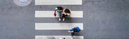 Aerial photo top view of people walk on street in the city over pedestrian crossing traffic road; Shutterstock ID 1100178989; Jobnummer: 95148411; Projekt: PrÃ¤sentation/Intranet; Endkunde: BASF SE, C/K Michelle Serr; Sonstiges: BASF SE, ESI/K Frau Peichl