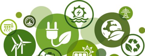 Renewable / alternative energy vector illustration. Green concept with icons related to clean sustainable energy sources - solar, wind power, biomass & hydro, energy storage, erneuerbare energie.