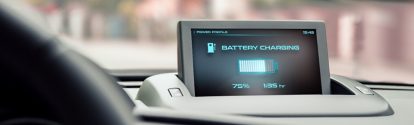 An electric vehicle showing its battery life while charging.