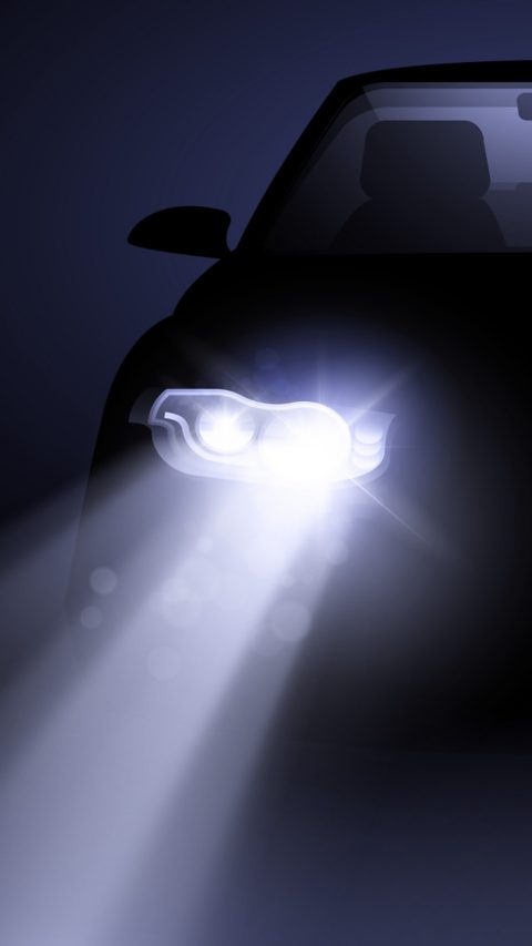 Bright and modern auto generic car headlights shining through fog at night. Vector illustration.