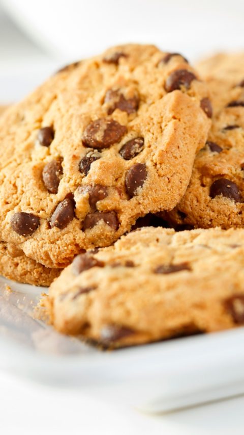 Close-up of shortbread chocolate chip cookies on white plate photographed with shallow deph of field abd visible chocolate crumbs.