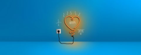 The picture shows an orange neon light in the form of a heart plugged into a blue wall. There are white sketches around it of a wind turbine, an electric heating element and the number “850°C”.