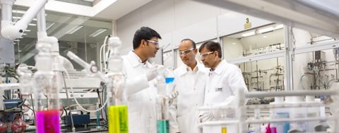 Dr. Vijay Swaminathan (right), Organic Synthetic Lab, BASF India, discusses ongoing research projects with his colleagues Manoojkumar Poonoth (center) and Nitin Gupte (left), both chemists. The researchers are working on agricultural solutions, solutions for the energy and leather industry and specialty chemicals. They also synthesize intermediates for industrial applications.