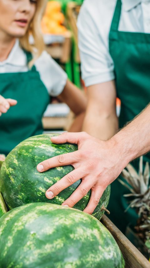selective focus of shop assistant pointing at watermelon while talking with coworker; Shutterstock ID 712836121; purchase_order: 611232; job: MarCom Italy; client: Nunhems Netherlands BV; other: 
