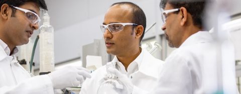 Dr. Vijay Swaminathan (center), Organic Synthetic Lab, BASF India, discusses ongoing research projects with his colleagues Manoojkumar Poonoth (left) and Nitin Gupte (right), both chemists. The researchers are working on agricultural solutions, solutions for the energy and leather industry and specialty chemicals. They also synthesize intermediates for industrial applications.