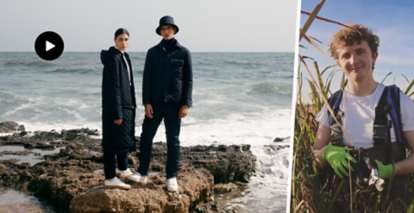 Split image. A young man and woman standing on a rock at the coast on the left. a young man in a field of crops on the right.
