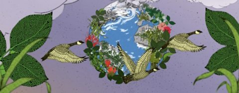 An illustration of three birds flying in front of a depiction of the earth with plants and building growing out of it