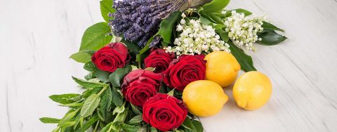 Photo of selected fragrance ingredients: Roses, Lavender, Muguet, Mint and Lemons