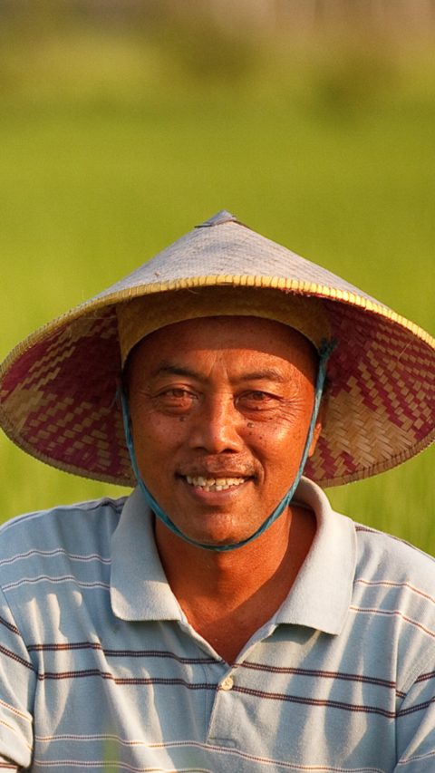 Man sitting in a green long grass field wearing a hat 